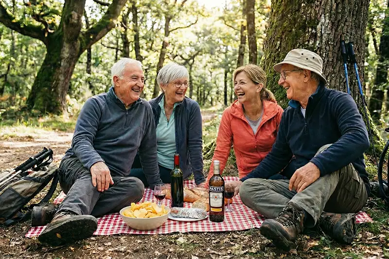 Il faut aussi savoir y aller doucement sur le sport Un couple de senior qui font un pique-nique après une randonnée