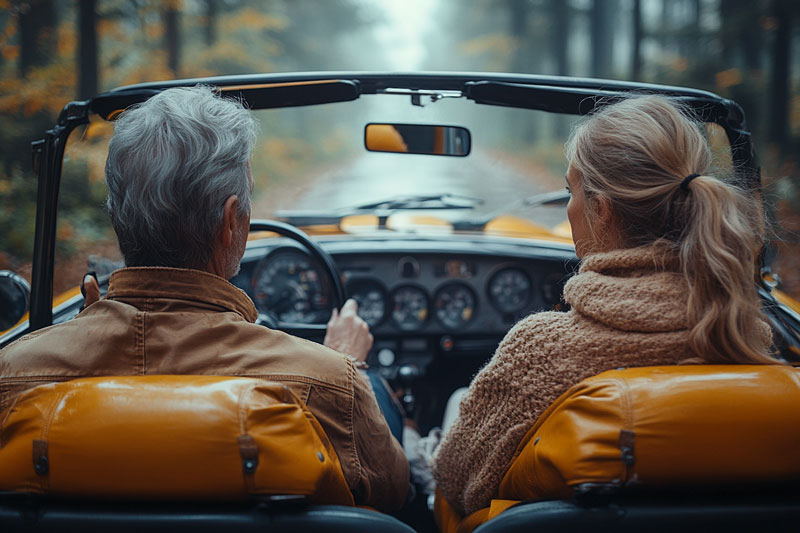 Un couple de senior au volant d'une voiture 