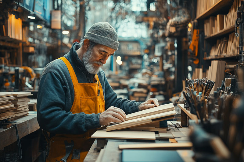 Une personne de 50 ans en train de travailler dans un atelier de menuiserie