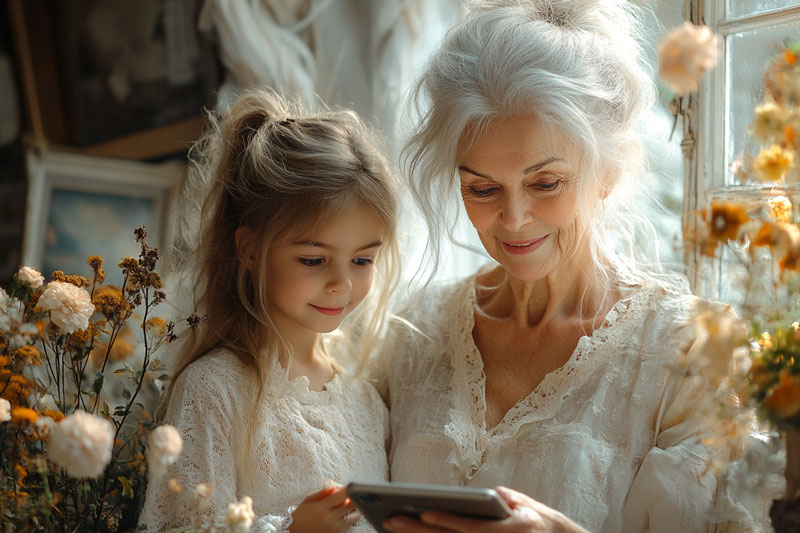 une grand-mère devant un smartphone avec sa petite fille
