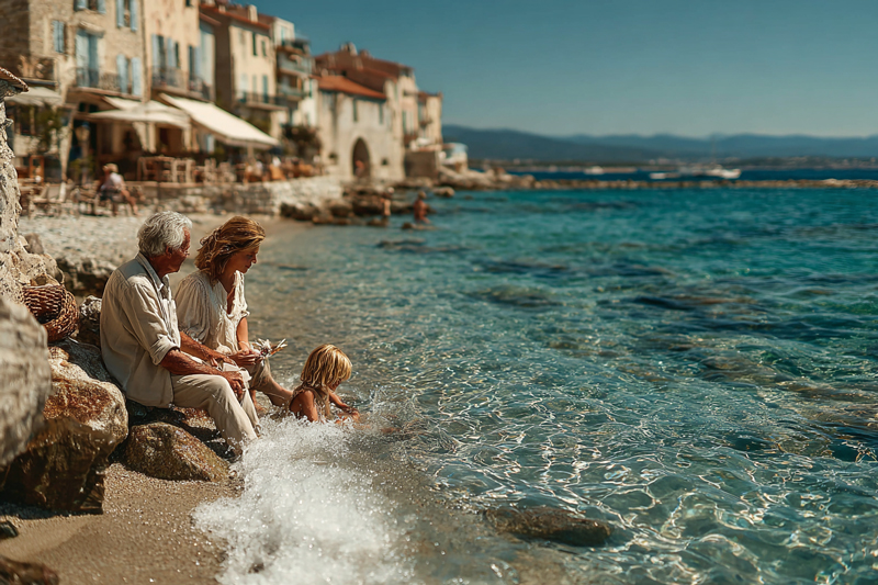 Des grands-parents avec leurs petits-enfants à la plage 