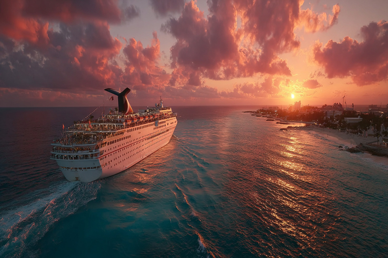 Un bateau de croisière dans les Caraïbes au couché du soleil 