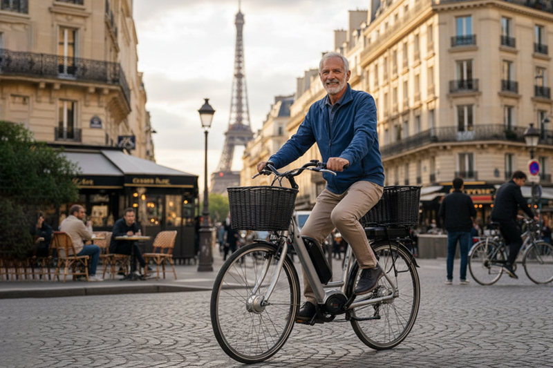 un senior sur un vélo éclectique à Paris 