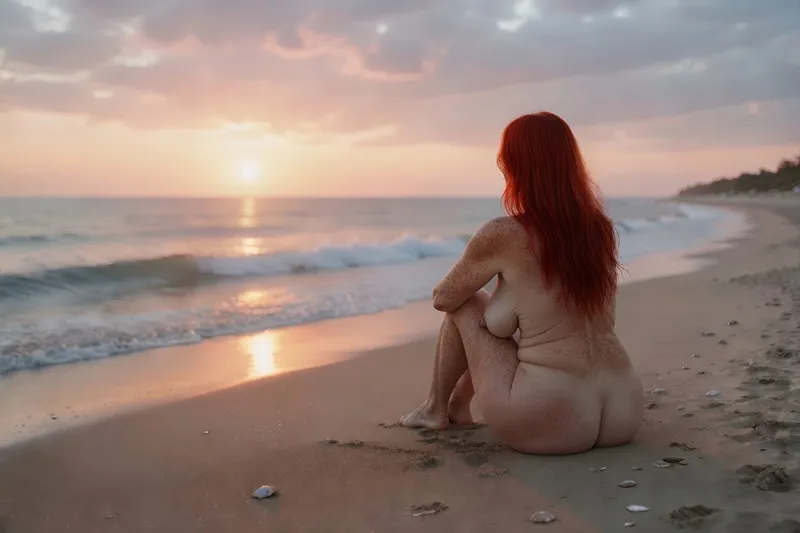Femme senior nue sur la plage